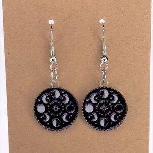 Moon Phase Black and Silver Drop Earrings - Unbranded